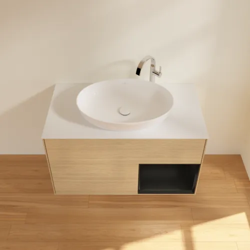 VILLEROY BOCH Toaletní skříňka Finion, s osvětlením, 2 výsuvy, 1000 x 603 x 501 mm, dubová dýha / černý matný lak / sklo bílé matné #F901PDPC, obrázek 3