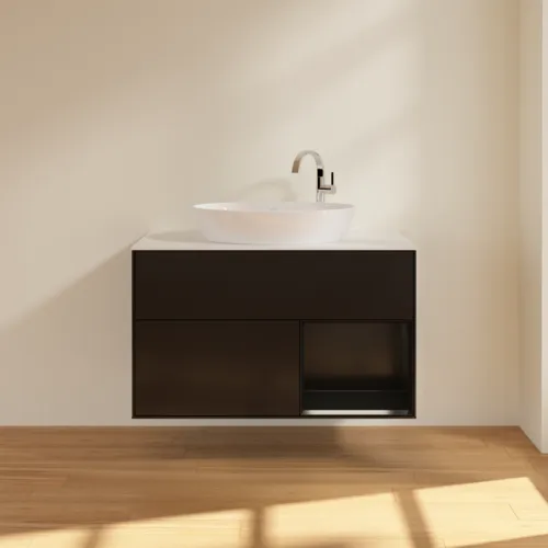 VILLEROY BOCH Toaletní skříňka Finion, s osvětlením, 2 výsuvy, 1000 x 603 x 501 mm, černý matný lak / černý matný lak / sklo bílé matné #F901PDPD, obrázek 2