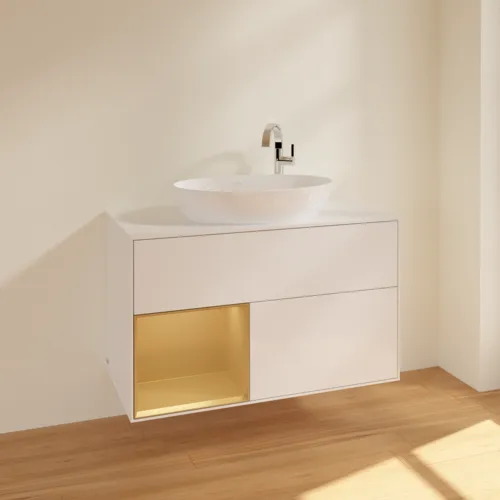 VILLEROY BOCH Toaletní skříňka Finion, s osvětlením, 2 výsuvy, 1000 x 603 x 501 mm, lesklý bílý lak / zlatý matný lak / bílé matné sklo #F891HFGF, obrázek 2