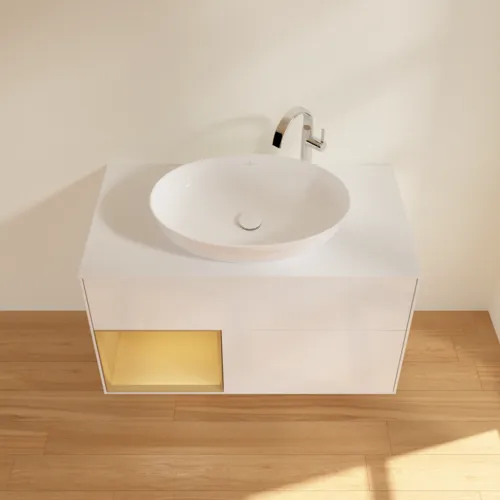 VILLEROY BOCH Toaletní skříňka Finion, s osvětlením, 2 výsuvy, 1000 x 603 x 501 mm, lesklý bílý lak / zlatý matný lak / bílé matné sklo #F891HFGF, obrázek 4