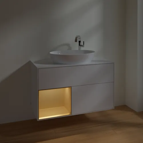 VILLEROY BOCH Toaletní skříňka Finion, s osvětlením, 2 výsuvy, 1000 x 603 x 501 mm, lesklý bílý lak / zlatý matný lak / bílé matné sklo #F891HFGF, obrázek 5