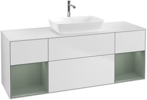 VILLEROY BOCH Toaletní skříňka Finion, s osvětlením, 4 výsuvy, 1600 x 603 x 501 mm, bílý matný lak / olivový matný lak / bílé matné sklo #F861GMMT, obrázek 1