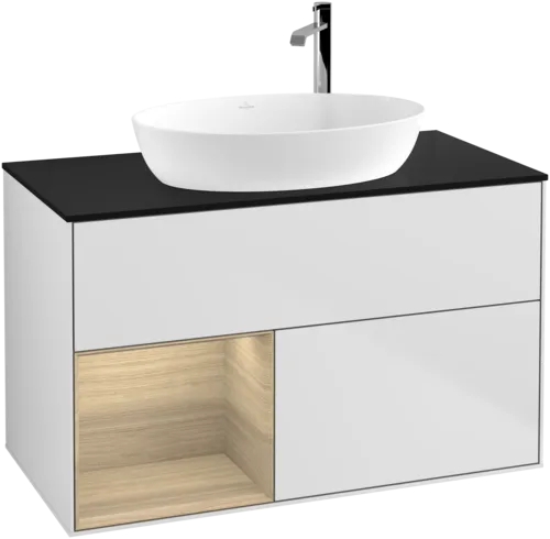 VILLEROY BOCH Toaletní skříňka Finion, s osvětlením, 2 výsuvy, 1000 x 603 x 501 mm, bílý matný lak / dubová dýha / černé matné sklo #F892PCMT, obrázek 1