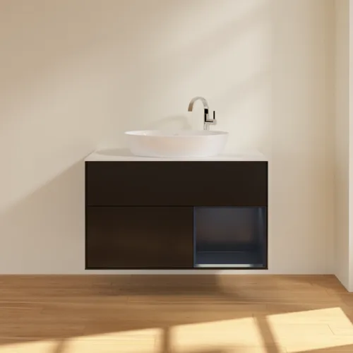 VILLEROY BOCH Toaletní skříňka Finion, s osvětlením, 2 výsuvy, 1000 x 603 x 501 mm, černý matný lak / půlnoční modrý matný lak / bílé matné sklo #F901HGPD, obrázek 3