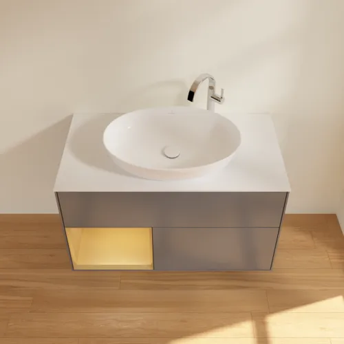 VILLEROY BOCH Toaletní skříňka Finion, s osvětlením, 2 výsuvy, 1000 x 603 x 501 mm, antracitový matný lak / zlatý matný lak / bílé matné sklo #F891HFGK, obrázek 4