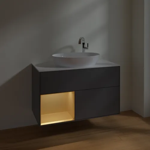 VILLEROY BOCH Toaletní skříňka Finion, s osvětlením, 2 výsuvy, 1000 x 603 x 501 mm, antracitový matný lak / zlatý matný lak / bílé matné sklo #F891HFGK, obrázek 5