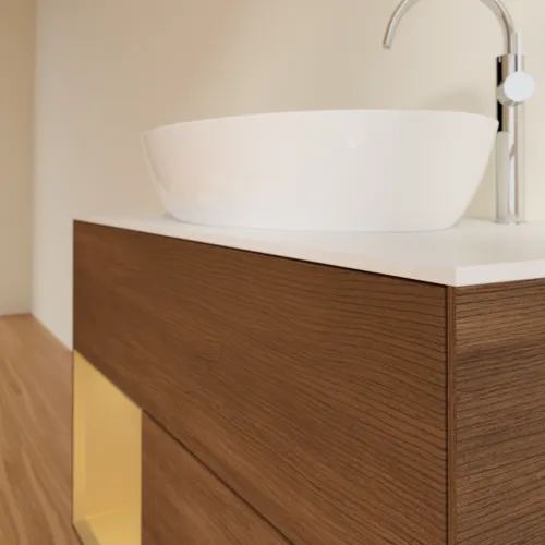 VILLEROY BOCH Toaletní stolek Finion, s osvětlením, 2 výsuvy, 1000 x 603 x 501 mm, ořechová dýha / zlatý matný lak / sklo bílé matné #F891HFGN, obrázek 6