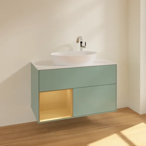 VILLEROY BOCH Toaletní skříňka Finion, s osvětlením, 2 výsuvy, 1000 x 603 x 501 mm, olivový matný lak / zlatý matný lak / bílé matné sklo #F891HFGM, obrázek 2