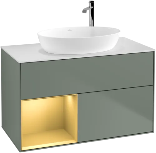 VILLEROY BOCH Toaletní skříňka Finion, s osvětlením, 2 výsuvy, 1000 x 603 x 501 mm, olivový matný lak / zlatý matný lak / bílé matné sklo #F891HFGM, obrázek 1