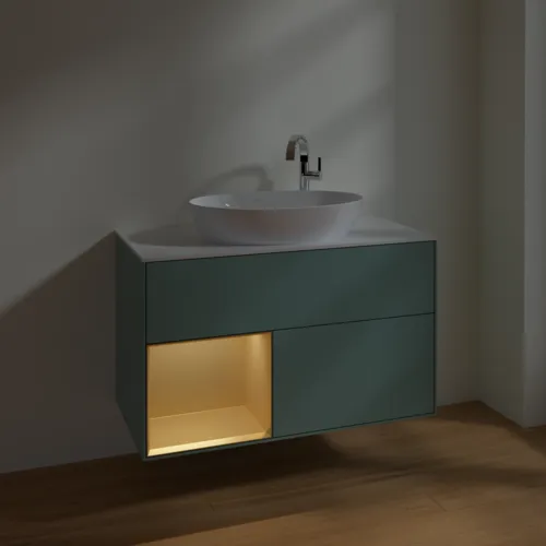 VILLEROY BOCH Toaletní skříňka Finion, s osvětlením, 2 výsuvy, 1000 x 603 x 501 mm, olivový matný lak / zlatý matný lak / bílé matné sklo #F891HFGM, obrázek 5
