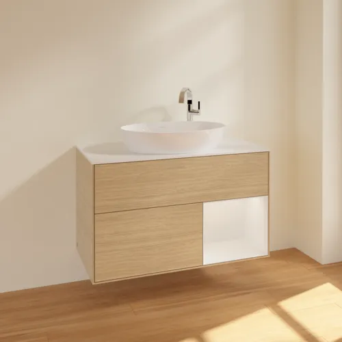 VILLEROY BOCH Toaletní stolek Finion, s osvětlením, 2 výsuvy, 1000 x 603 x 501 mm, dubová dýha / lesklý bílý lak / sklo bílé matné #F901GFPC, obrázek 2