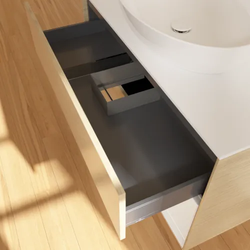 VILLEROY BOCH Toaletní stolek Finion, s osvětlením, 2 výsuvy, 1000 x 603 x 501 mm, dubová dýha / lesklý bílý lak / sklo bílé matné #F901GFPC, obrázek 6