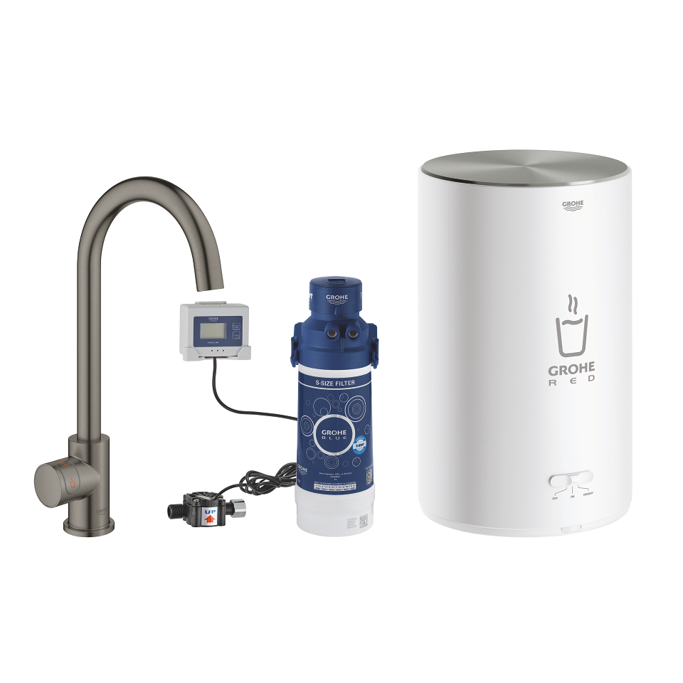 GROHE Red Mono dřezový ventil s ohřevem vody a filtrací, velikost M #30085AL1 - kartáčovaný Hard Graphite