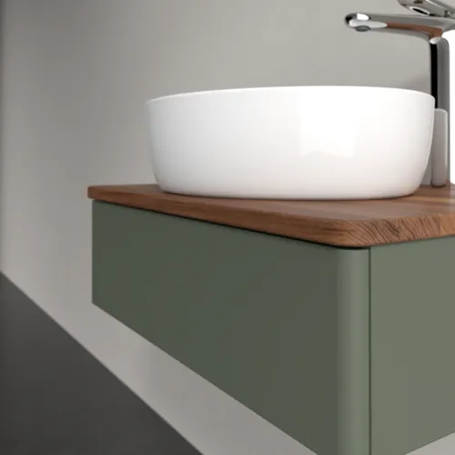 VILLEROY BOCH Toaletní stolek Antao, 1 zásuvka, 600 x 190 x 500 mm, přední strana bez konstrukce, listově zelený matný lak / teplý ořech #K07052HL, obrázek 5