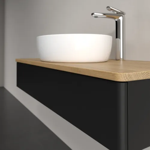 VILLEROY BOCH Toaletní stolek Antao, 1 zásuvka, 1000 x 190 x 500 mm, přední strana bez konstrukce, černý matný lak / medový dub #K09051PD, obrázek 5