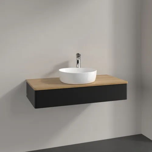 VILLEROY BOCH Toaletní stolek Antao, 1 zásuvka, 1000 x 190 x 500 mm, přední strana bez konstrukce, černý matný lak / medový dub #K09051PD, obrázek 2