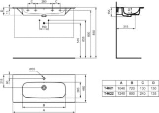 IDEAL STANDARD i.life A nábytkové umyvadlo 1240x460mm, s 1 otvorem pro baterii, s otvorem pro přepad (kulatý) #T462201 - Bílá (Alpine), obrázek 6
