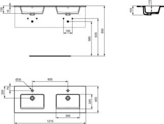 IDEAL STANDARD Eurovit nábytek dvojumyvadlo 1215x455mm, s 1 otvorem pro baterii na umyvadlo, s otvorem pro přepad (kulatý) #E053401 - Bílá (Alpine), obrázek 10
