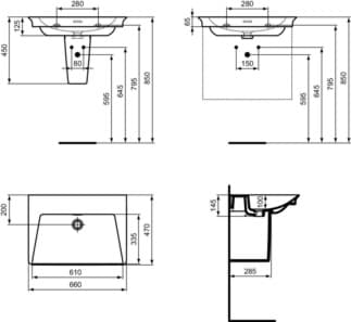 IDEAL STANDARD Nábytkové umyvadlo La Dolce Vita 660x470mm, bez otvoru pro baterii, s otvorem pro přepad (štěrbinové) #E2700MA - Bílá (Alpine) s Ideal Plus, obrázek 5