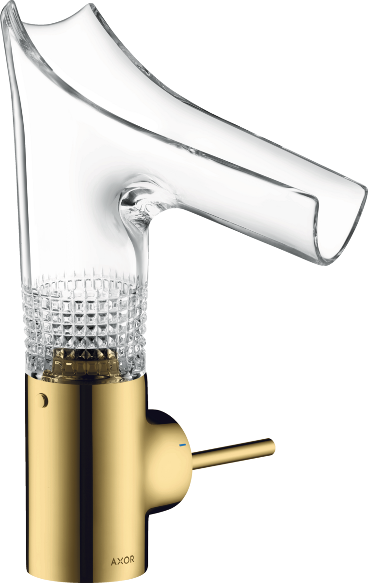 HANSGROHE AXOR Starck V jednopáková umyvadlová baterie 140 se skleněnou výpustí a vyskakovacím odpadem - diamantový výbrus #12122990 - Polished Gold Optic