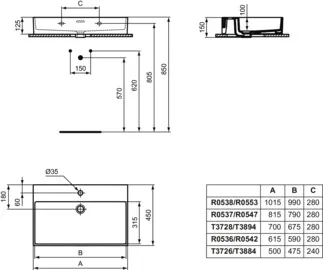 IDEAL STANDARD Extra umyvadlo 1015x450mm, s 1 otvorem pro baterii, s otvorem pro přepad (štěrbinový) #R0538V1 - hedvábně bílá, obrázek 6