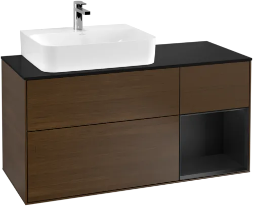 VILLEROY BOCH Toaletní skříňka Finion, s osvětlením, 3 výsuvy, 1200 x 603 x 501 mm, ořechová dýha / černý matný lak / černé matné sklo #F152PDGN, obrázek 2