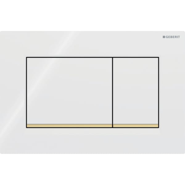GEBERIT Ovládací tlačítko Geberit Sigma20 (dříve Sigma30), pro 2 množství splachování, Square Deska a ovládací tlačítka: bílá Designový proužek: pozlacený #115.883.KK.1