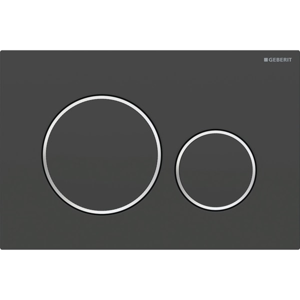 GEBERIT Ovládací tlačítko Geberit Sigma20, pro 2 množství splachování, Round Deska a ovládací tlačítko: lakování černé matné, s povrchovou úpravou easy-to-clean Designové kroužky: leskle pochromované #115.882.14.1