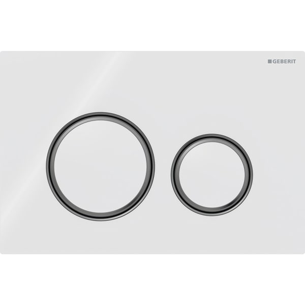 GEBERIT Ovládací tlačítko Geberit Sigma50 (dříve Sigma21), pro 2 množství splachování, Round, kovová barva, černý chrom Základní deska a designové kroužky: černý chrom Krycí deska a tlačítka: bílá #115.651.SI.1