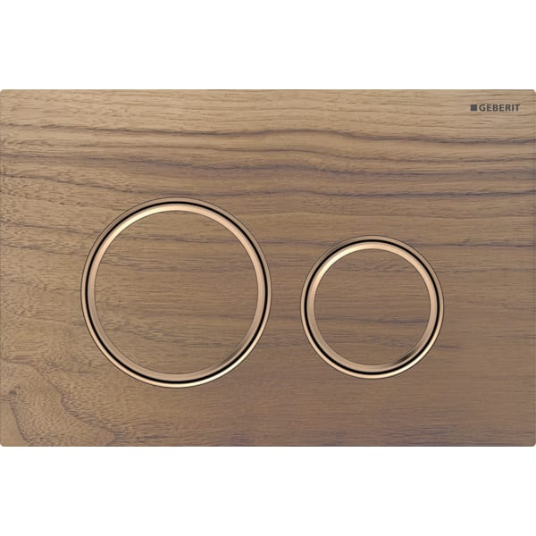 GEBERIT Ovládací tlačítko Geberit Sigma50 (dříve Sigma21), pro 2 množství splachování, Round, kovová barva, červené zlaté Základní deska a designové kroužky: červené zlato Krycí deska: Ořech americký #115.650.JX.1