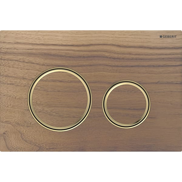 GEBERIT Ovládací tlačítko Geberit Sigma50 (dříve Sigma21), pro 2 množství splachování, Round, kovová barva, mosaz Základní deska a designové kroužky: mosaz Krycí deska a tlačítka: Ořech americký #115.652.JX.1