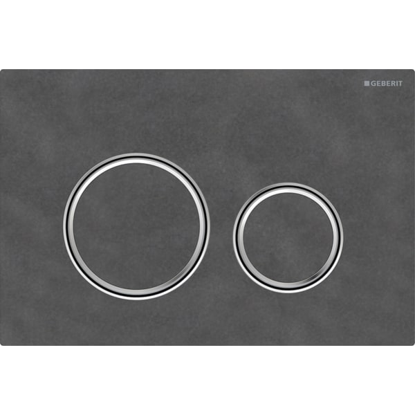 GEBERIT Ovládací tlačítko Geberit Sigma50 (dříve Sigma21), pro 2 množství splachování, Round, kovová barva, pochromované Základní deska a designové kroužky: chromované Krycí deska a tlačítka: Břidlice Mustang #115.884.JM.1