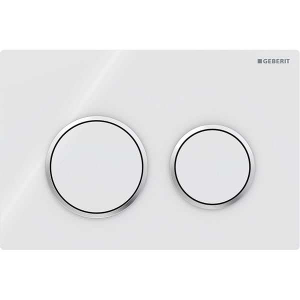 GEBERIT Ovládací tlačítko Geberit Omega20, pro 2 množství splachování, Round Deska a ovládací tlačítka: bílá Designové kroužky: leskle pochromované #115.085.KJ.1