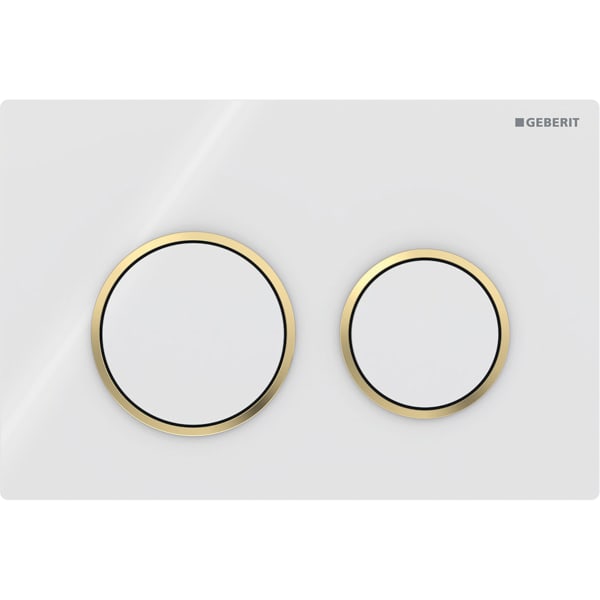 GEBERIT Ovládací tlačítko Geberit Omega20, pro 2 množství splachování, Round Deska a ovládací tlačítka: bílá Designové kroužky: pozlacené #115.085.KK.1