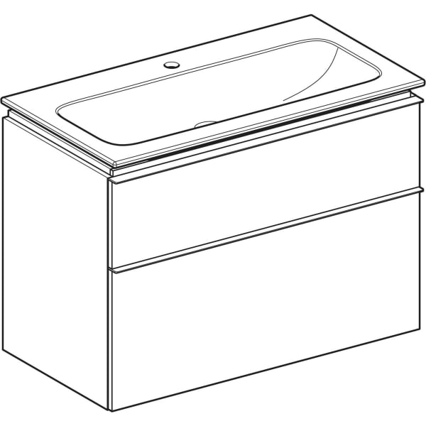 GEBERIT Sada nábytkového umyvadla Geberit iCon s úzkým okrajem a skříňkou, dvě zásuvky a připojení umyvadla Umyvadlo: bílá / KeraTect Korpus a přední strana: láva/lakované matné Madlo: láva / prášková barva matná #502.333.JK.1