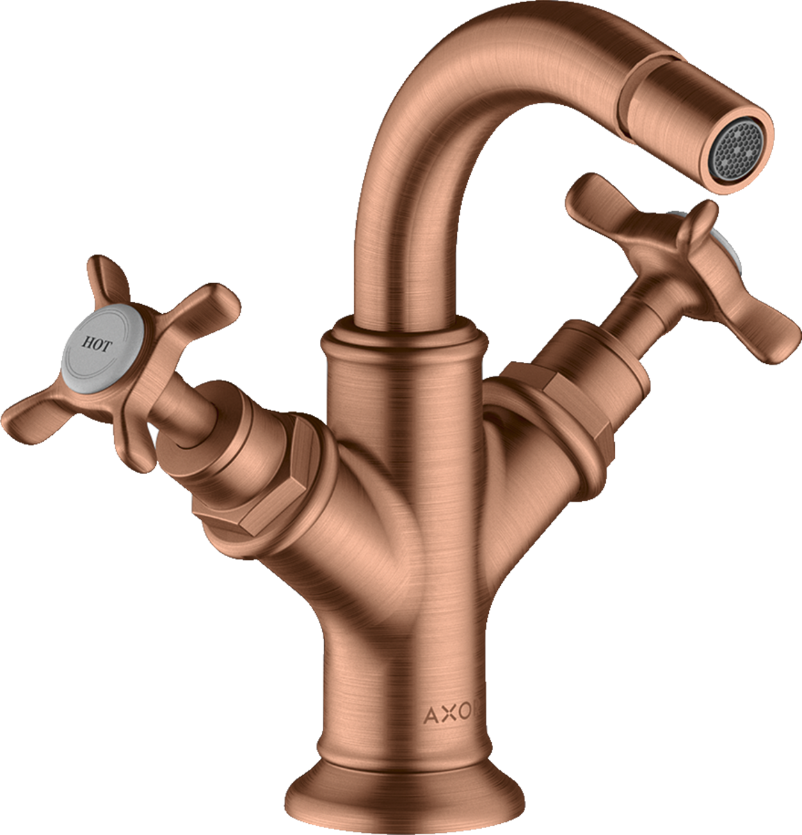 HANSGROHE AXOR Montreux 2-ruční bidetová baterie s křížovými rukojeťmi a vyskakovacím odpadem #16520310 - Brushed Red Gold