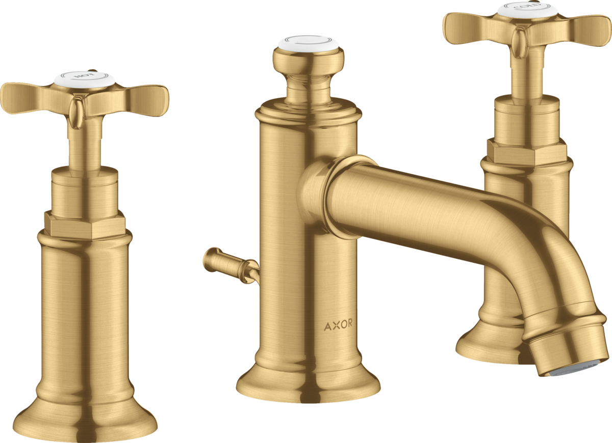 HANSGROHE AXOR Montreux 3-otvorová umyvadlová baterie 30 s křížovými rukojeťmi a výsuvným odpadem #16536250 - Brushed Gold Optic