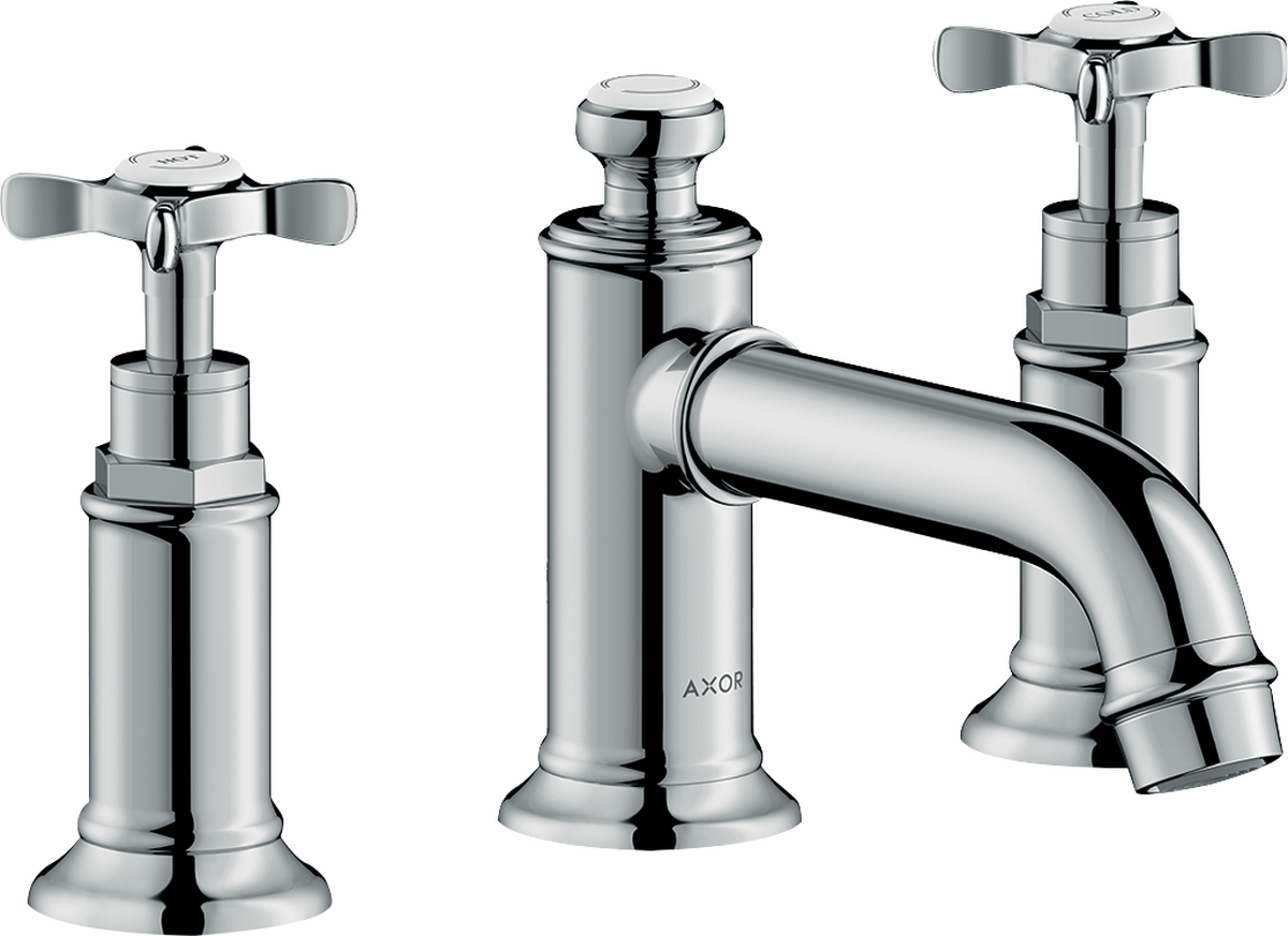 HANSGROHE AXOR Montreux 3-otvorová umyvadlová baterie 30 s křížovými rukojeťmi a výsuvným odpadem #16536800 - nerezová ocel Optic
