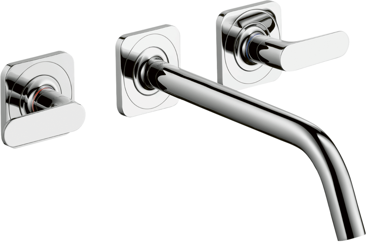 HANSGROHE AXOR Citterio M 3otvorová podomítková umyvadlová baterie pro montáž na stěnu s výtokem 226 mm, pákovými rukojeťmi a rozetami #34315800 - nerezová ocel Optic