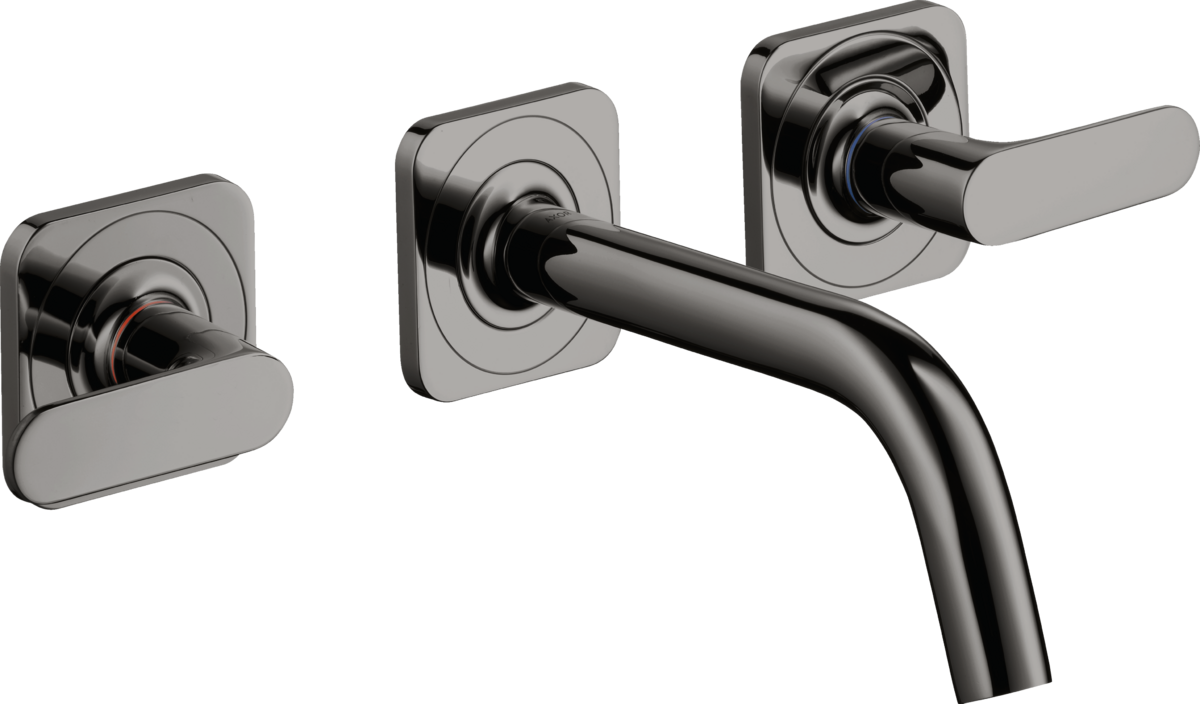 HANSGROHE AXOR Citterio M tříotvorová podomítková umyvadlová baterie pro montáž na stěnu s výtokem 166 mm, pákovými rukojeťmi a rozetami #34313330 - Leštěný černý chrom