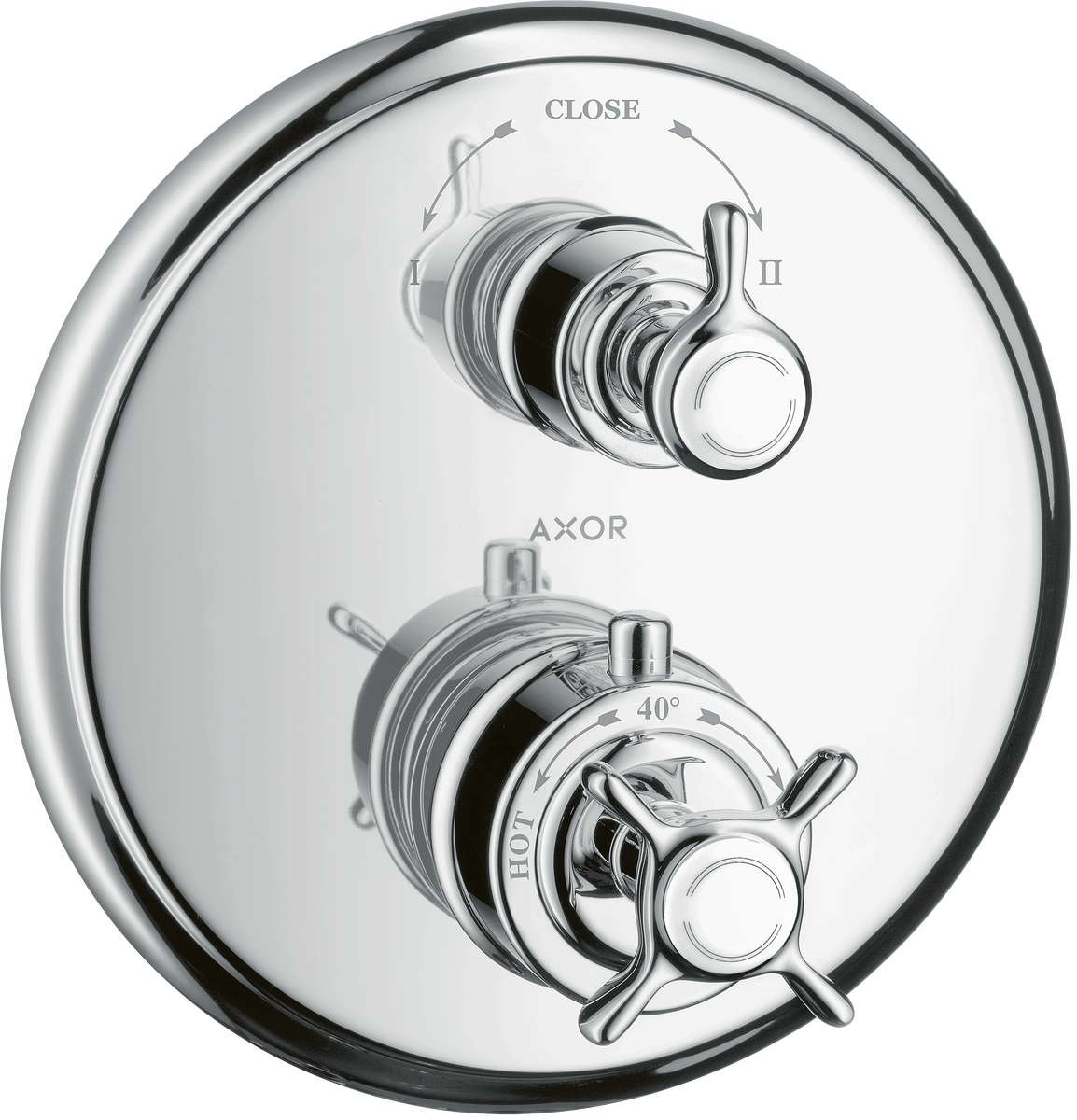 HANSGROHE AXOR Montreux Termostat s podomítkovou instalací s rukojetí ve tvaru kříže, s uzavíracím a přepínacím ventilem #16820000 - chrom
